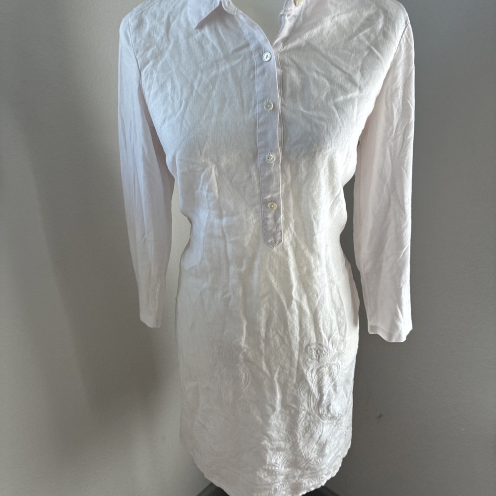 J.‎ Jill Linen Shirt Dress White Embroidered Paisley Coastal Boho Cottage Beach